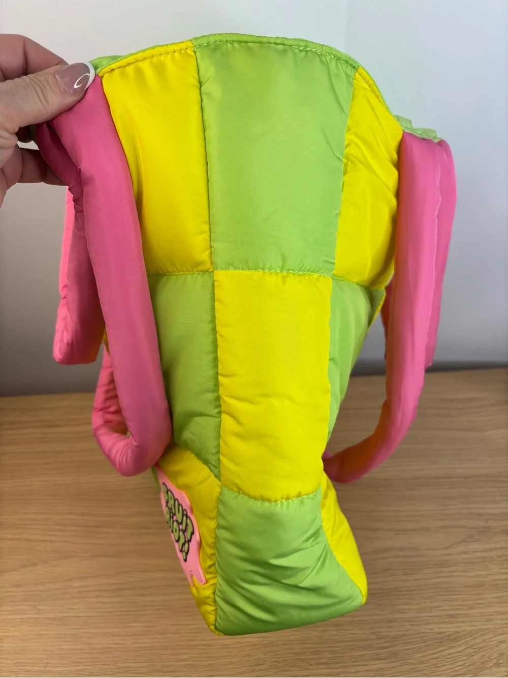 Fruit Riot! Puffy Quilted Green Yellow Checkered Tote Bag Pink Handles LIKE NEW!